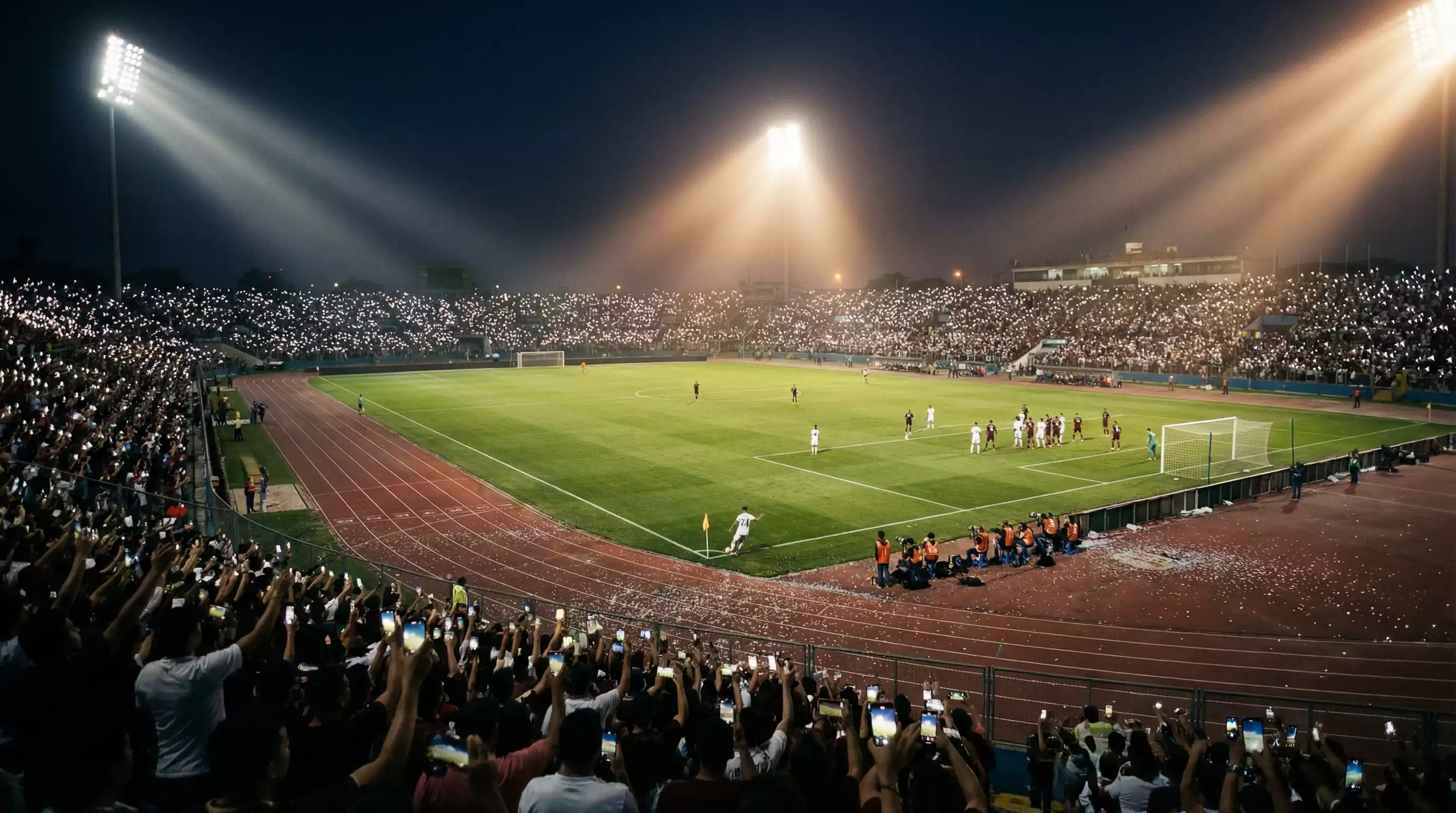 Partido nocturno de Copa Libertadores en estadio sudamericano con hinchada iluminando las gradas
