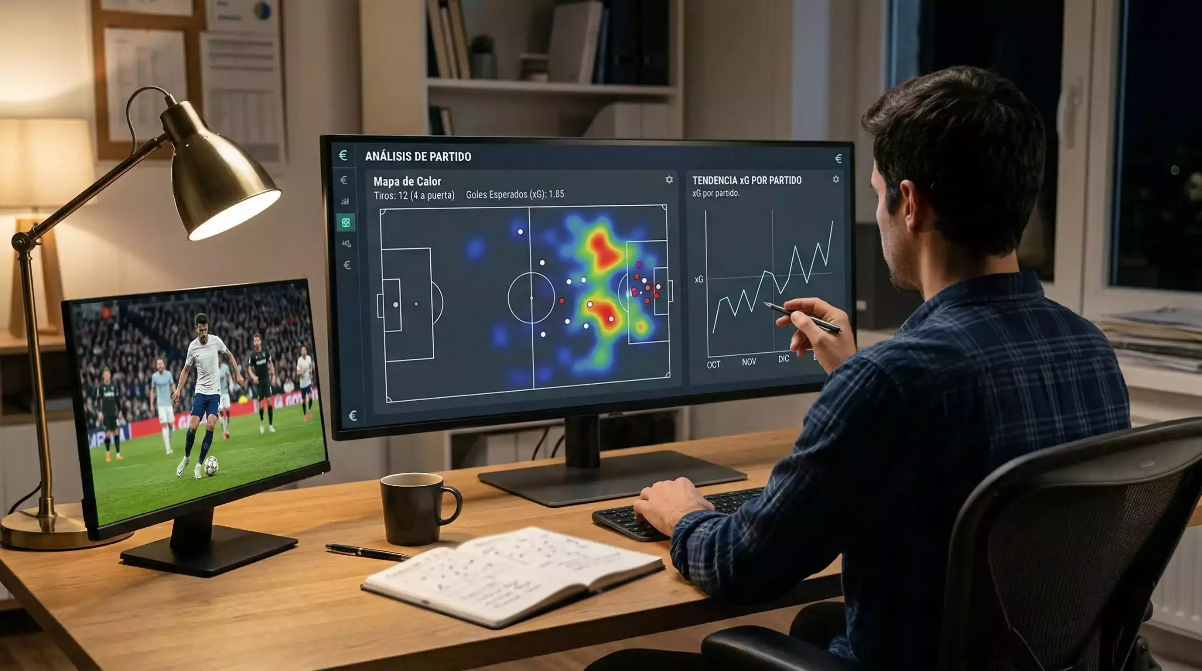Analista revisando datos xG y cuotas de la Liga Profesional Argentina en pantalla de ordenador