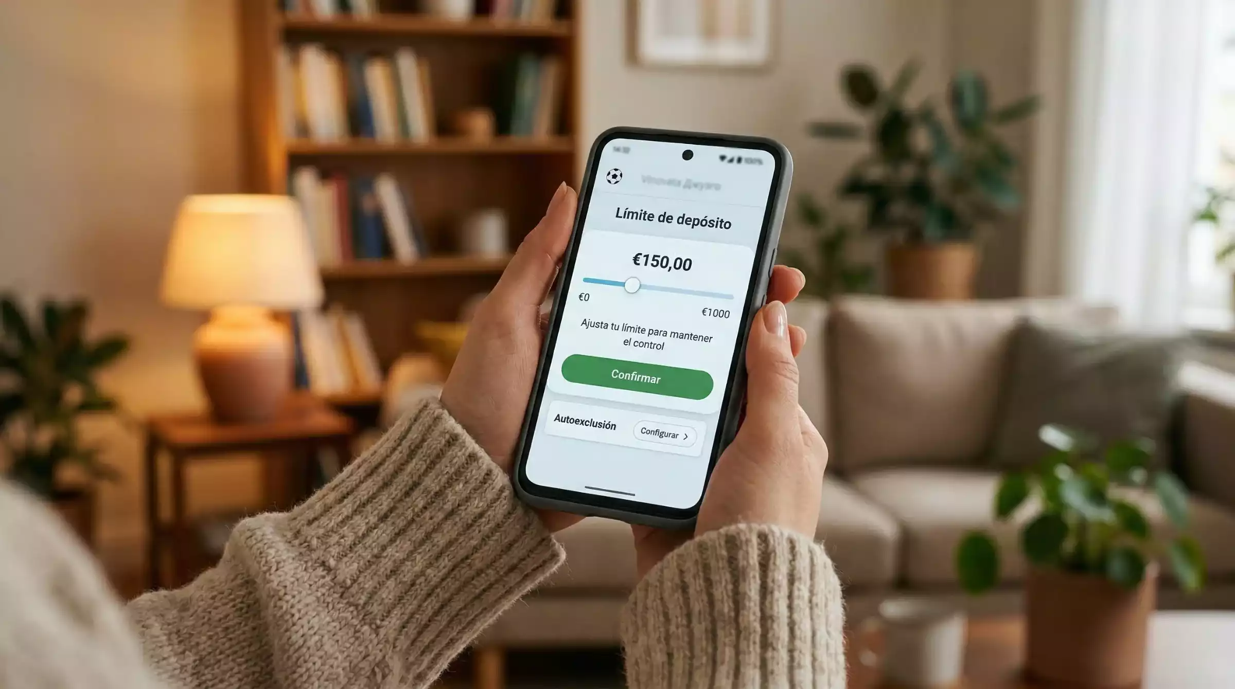 Persona configurando límites de depósito en una plataforma de apuestas deportivas en el móvil
